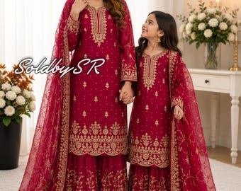 Matchande klänning för mamma och jag, broderad kostym i pakistansk stil, bröllopskläder