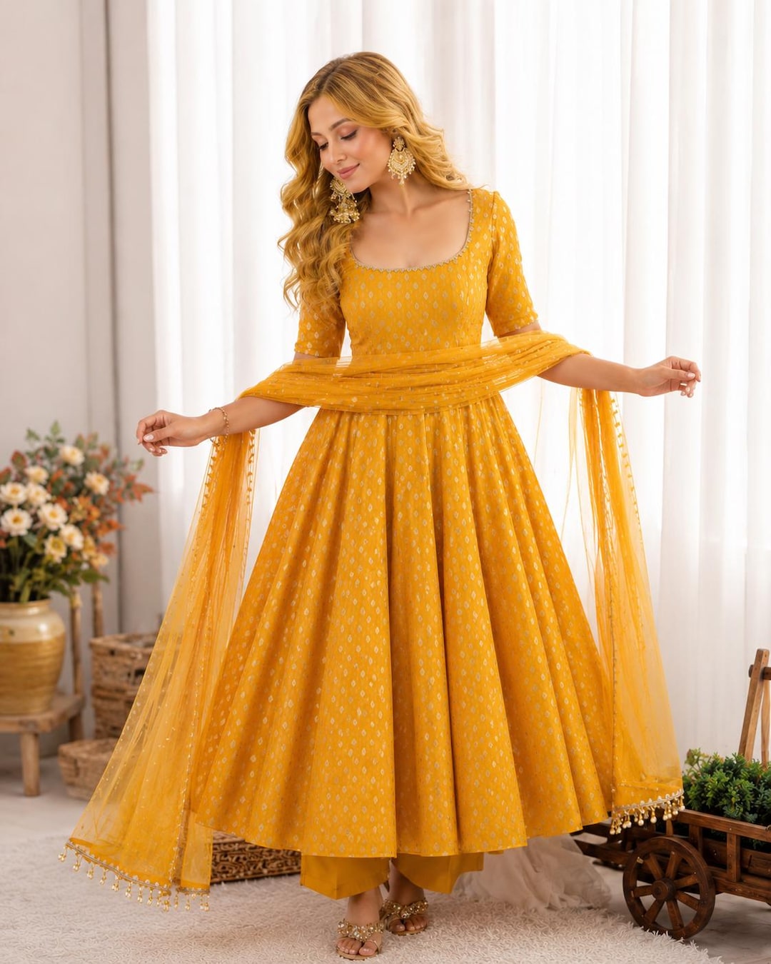 golden colour anarkali dress Rose Gold Color Zari Weave Tissue Silk Anarkali Suit Set With Dupata