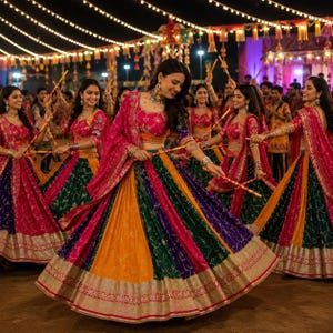Puede incluir: Un grupo de personas vistiendo lehenga cholis vibrantes con paneles multicolores en naranja, verde y magenta con bordes bordados en oro. Cada prenda incluye un dupatta a juego y se usa mientras sostienen palos de madera para bailar.