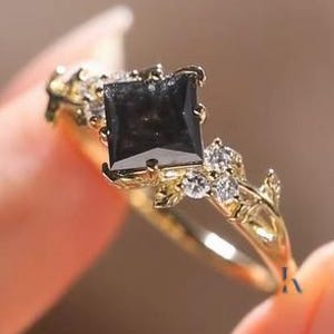 3Ct Princess Cut Nature Inspired Black Moissanite Engagement Ring For Women 14k Solid Gold Princess  Cluster Wedding Ring Hand Engraved Ring