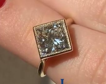 4Ct Princess Cut Moissanite Solitaire Bezel Set Milgrain Halo Engagement Ring For Women Princess Kite Set Ring 14K Solid Gold Wedding Ring