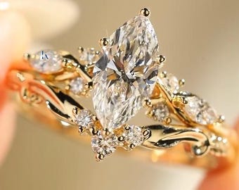 2Ct Marquise Cut Cluster Moissanite Wedding Ring Set Women 14K Solid Gold Marquise Diamond Bridal Ring Set Three Stone Chevron Matching Band