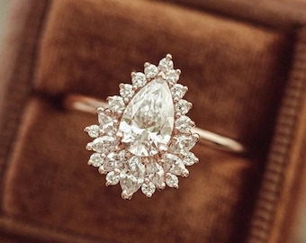 Art Deco 2Ct Pear Cut Moissanite Cluster Engagement Ring For Women 14KSolid Gold Wedding ring Vintage Pear Diamond Ring Starburst Halo Ring
