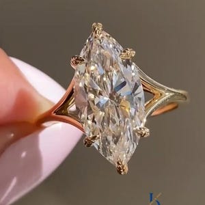 Anillo de compromiso solitario de moissanita de corte marquesa de 3 quilates con vástago dividido para mujer, anillo de bodas de oro macizo de 14 quilates, anillo de seis hojas con diamante marquesa