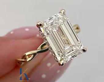 5Ct Emerald Cut Moissanite Hidden Halo Twisted Pave Engagement Ring 14K Solid Gold Wedding Ring Emerald Diamond Solitaire Infinity Band Ring