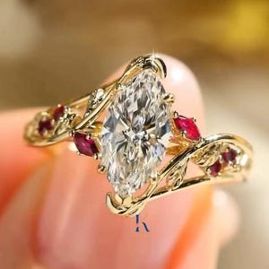 Vintage 2CT Marquise Cut Cluster Moissanite Engagement Ring For Women 14K Solid Gold Marquise Diamond Nature Inspired Twig Pave Ruby Ring