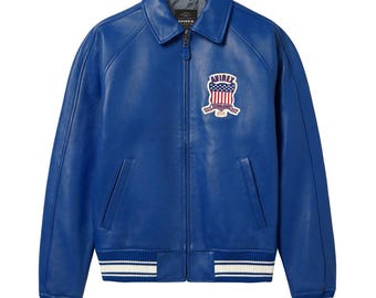 Avirex Icon  Leather Bomber Jacket | Avirex Blue USA Jacket | Handmade Leather Jacket