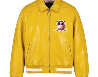 Chaqueta bomber de cuero Avirex Icon / Chaqueta de cuero color mostaza Avirex USA / Chaqueta de cuero hecha a mano