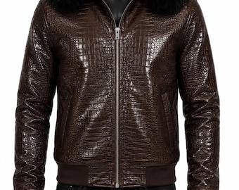Brown Crocodile Embossed Leather Bomber Jacket with Black Fur Hood | Veloro Crafts Streetwear