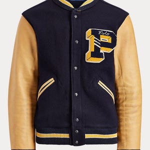 Polo Ralph Lauren Varsity Jacket | Herr Marinblå Ull, Läderärmar