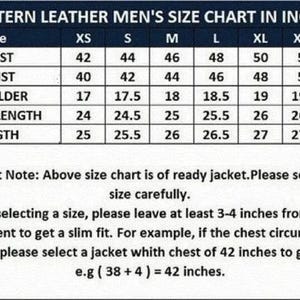 May include: A size chart for a leather jacket with a dark blue header titled WESTERN LEATHER SIZE CHART IN INCHES. It lists measurements for chest, waist, shoulder, sleeve length, and total length across sizes XS to XXXL in inches.
