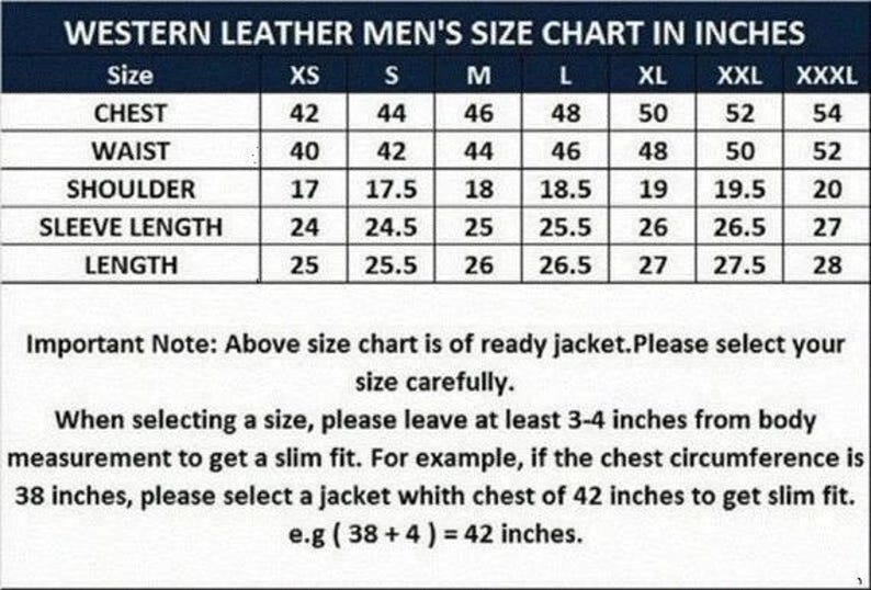 May include: A size chart for a leather jacket with a dark blue header titled WESTERN LEATHER SIZE CHART IN INCHES. It lists measurements for chest, waist, shoulder, sleeve length, and total length across sizes XS to XXXL in inches.