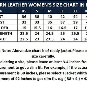 May include: A size chart for Western leather jackets with a table listing measurements in inches for bust, waist, shoulder, sleeve length, and total length across sizes XS to XXXL, including instructions on selecting a size for a slim fit.