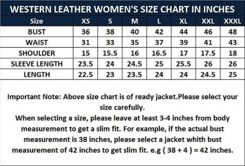 May include: A size chart for Western leather jackets with a table listing measurements in inches for bust, waist, shoulder, sleeve length, and total length across sizes XS to XXXL, including instructions on selecting a size for a slim fit.