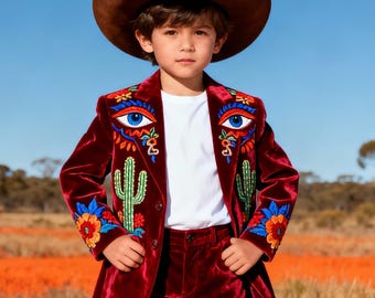 Rood fluwelen geborduurd pak jongens | Charro-stijl westerncowboy | Handgemaakte trouwoutfit voor ringdrager