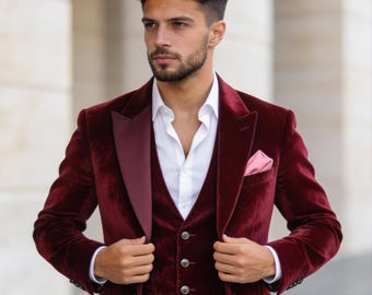 Traje de tres piezas de terciopelo burdeos para hombre / Traje de novio de lujo para boda