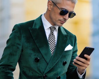 Traje de terciopelo verde esmeralda para hombre / Blazer cruzado, para boda.