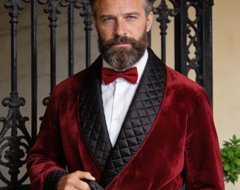 Bata de esmoquin de terciopelo burdeos para hombre / Bata de lujo con solapa acolchada / Ropa de noche informal para caballero