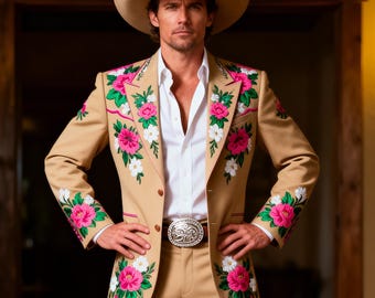 Traje bordado estilo occidental / Traje de vaquero marrón con bordado floral / Traje de rodeo personalizado / Traje de novio para boda estilo occidental