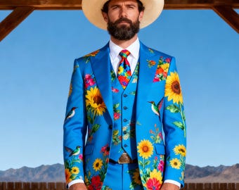 Traje azul bordado con flores hecho a mano / Boda occidental, ropa formal personalizada