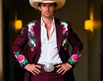 Traje burdeos con bordado floral para hombre / Estilo charro vaquero occidental / Traje de mariachi de lujo hecho a mano para boda