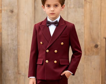Bordeauxrood double-breasted jongenspak | Trouwringdrageroutfit