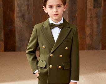 Boys Olive Green Suit | Gold Button Double Breasted Tuxedo