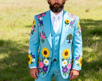 Traje bordado turquesa / Traje de novio occidental con girasoles florales / Traje de boda de lujo hecho a medida