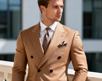 Traje cruzado color camel hecho a medida / Traje de novio color canela para boda