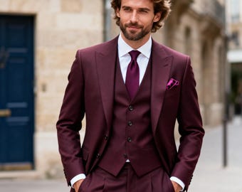 Traje burdeos personalizado para hombre / Traje de tres piezas hecho a mano / Traje formal personalizado