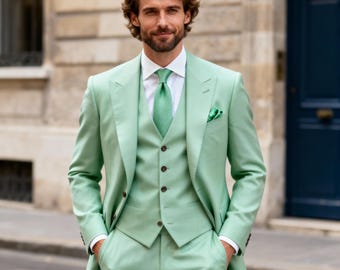 Traje de hombre verde salvia personalizado / Traje de tres piezas hecho a mano / Traje formal personalizado