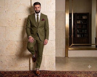 Olive Green 2 Piece Suit for Men - Slim Fit Groom Suit