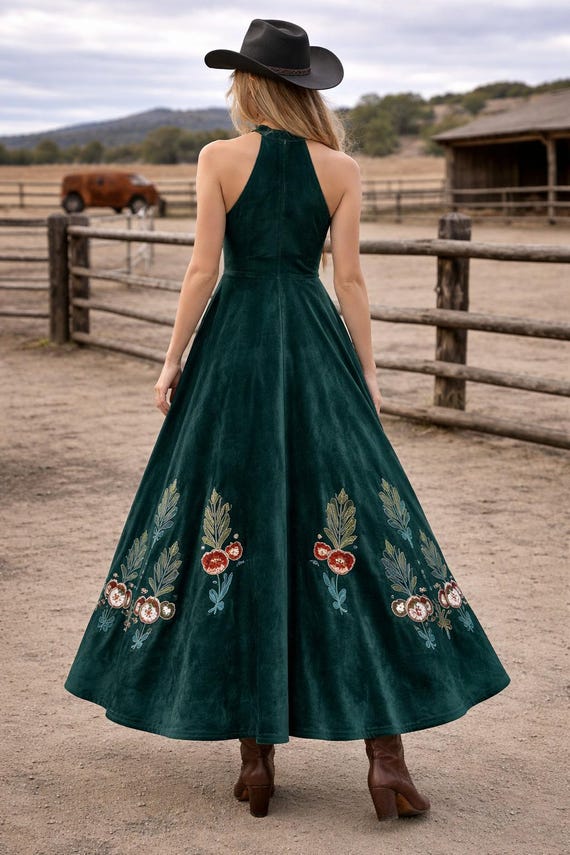 emerald green western dress Velvet Maxi Dress, Embroidered Eye Cactus Floral, Boho Style commercial use:yes