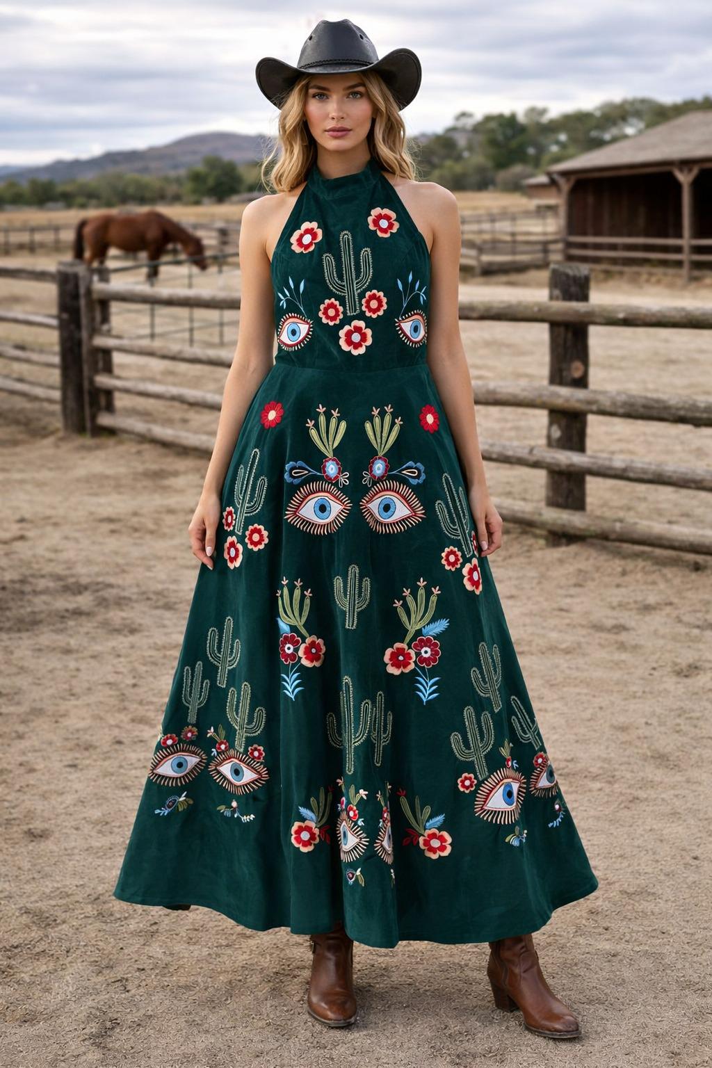green emerald velvet dress Women's Denim Western Dress with Floral Embroidery – Rockmount main image 0