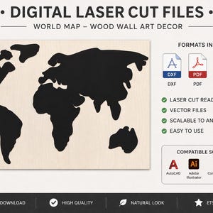 Laserskuren fil med världskarta | Geometrisk silhuett i träväggdekor (dxf, svg, pdf, ai, cdr)