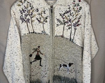 Vintage Petite Dog Walk Scenic Embroidered Cardigan Sweater Tweed Oatmeal Medium