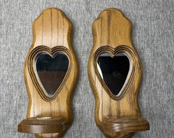 Wood Heart Wall Sconce Candle Holders Mirrored Cottagecore 11" X 4.5" VIntage