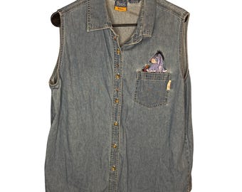 Vintage Pooh Woman Denim Sleeveless Shirt Eeyore Embroidered Button Up 2X 18W