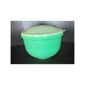 Puede incluir: Un cuenco de plástico verde con tapa a juego. El cuenco es de un tono verde vibrante, y la tapa es de un verde más claro y translúcido. El cuenco tiene forma redondeada y la tapa encaja perfectamente. Contenedor de almacenamiento de cocina.