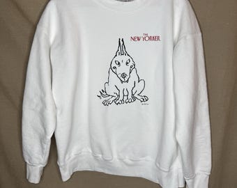 Felpa girocollo vintage anni '80/'90 con stampa del New Yorker e cane, taglia XL.