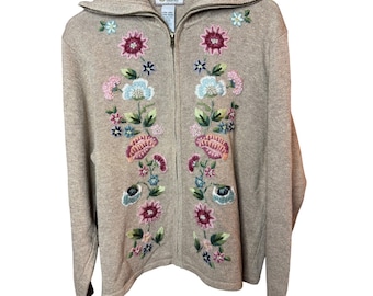 Tiara International Embroidered Floral Zip Up Sweater Cardigan Cottagecore 2003