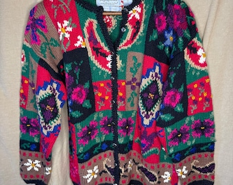 Cardigã vintage Northern Isles tricotado à mão com patchwork floral paisley, tamanho médio, anos 90.