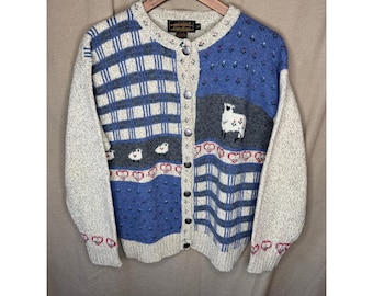 Cardigan vintage da donna Eddie Bauer del 1990 in lana con patchwork di pecore, taglia S.