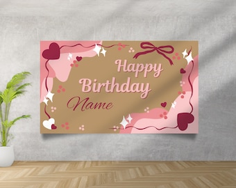 Coquette Birthday Banner, Pink Princess Party, Editable Template (Digital)