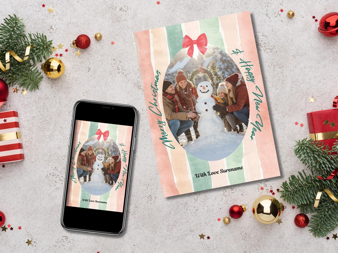 Editable Christmas Card Template | Red Bow and Stripes Holiday | Modern ...