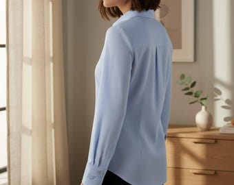 Personalized Embroidered Women's Dress Shirt. Full-Button Satin Blouse. Custom Cuff Initials and Dust Bag
