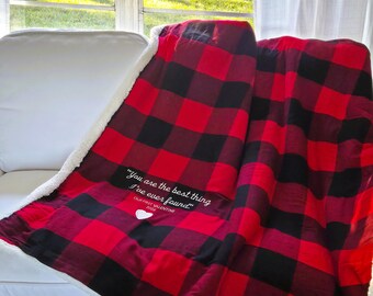 Personalized Embroidered Buffalo Plaid Blanket, Custom Sherpa Throw, Flannel Check Blanket, Custom Valentine’s Day Gift