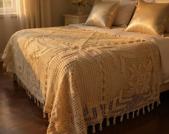 Handmade Beige Crochet Blanket, 100x60 Large Cotton Throw, One of a Kind Bed Blanket, Neutral Farmhouse Afghan, New Hand Woven Gift