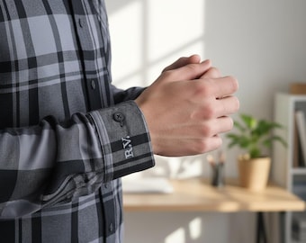 Personalized Men’s Plaid Flannel Shirt with Custom Embroidered Cuff Initials, Long Sleeve Button Down, Unique Gift for Him with Dust Bag