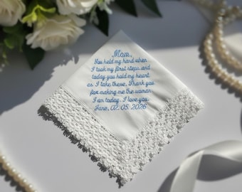 Personalized Mother of the Bride Gift, Custom Embroidered Wedding Handkerchief from Daughter, Crochet Lace Wedding Hankie, Mom Gift